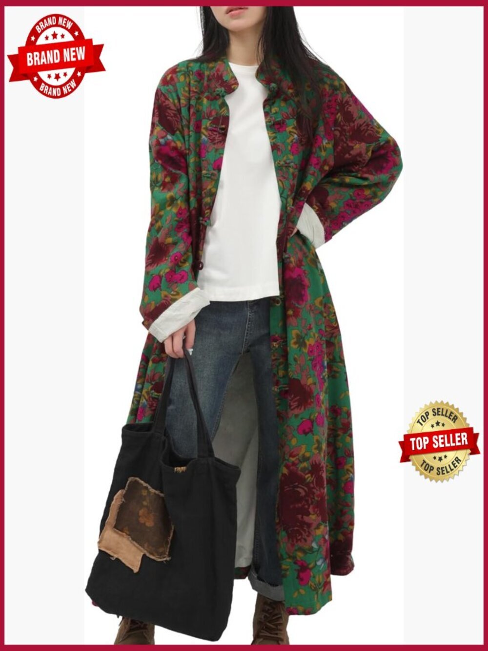 Boho Linen Trench Coat Floral Print Vintage Stand Collar Jacket